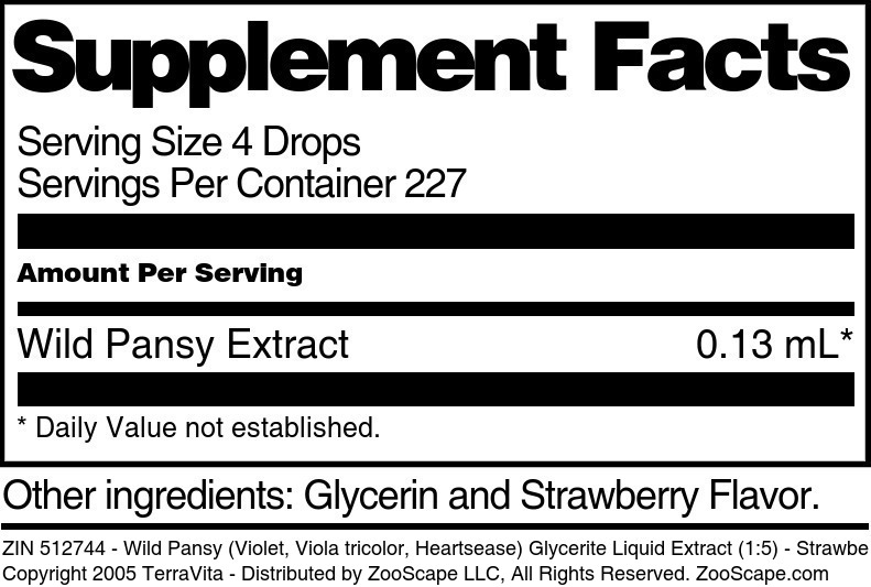 Wild Pansy (Violet, Viola tricolor, Heartsease) Glycerite Liquid Extract (1:5) - Supplement / Nutrition Facts