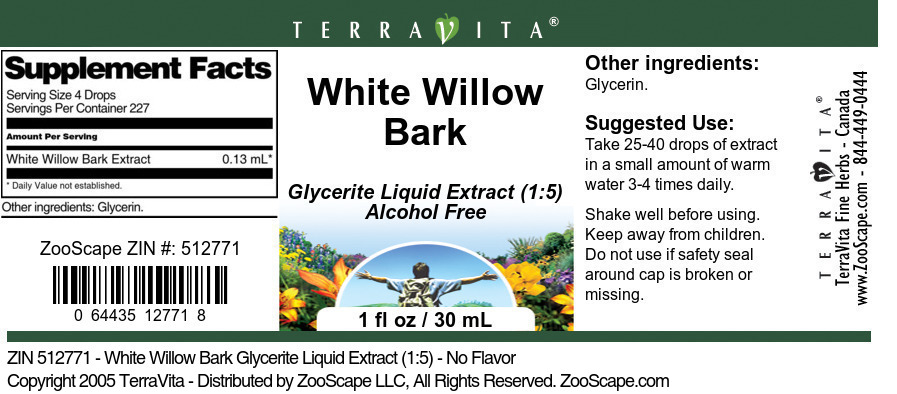 White Willow Bark Glycerite Liquid Extract (1:5) - Label