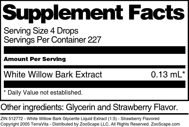 White Willow Bark Glycerite Liquid Extract (1:5) - Supplement / Nutrition Facts