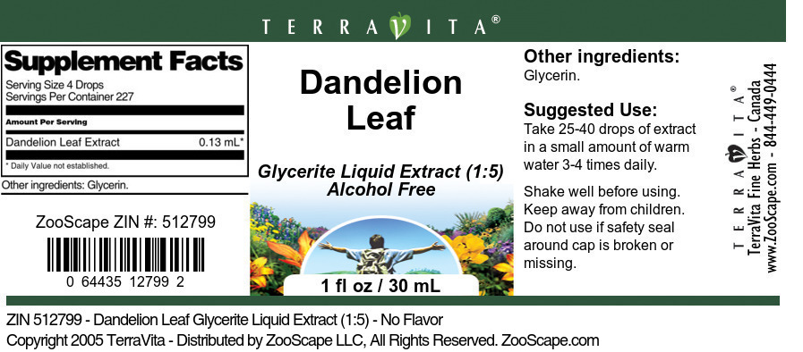 Dandelion Leaf Glycerite Liquid Extract (1:5) - Label