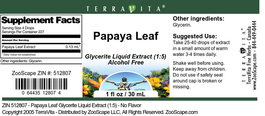 Papaya Leaf Glycerite Liquid Extract (1:5) - Label