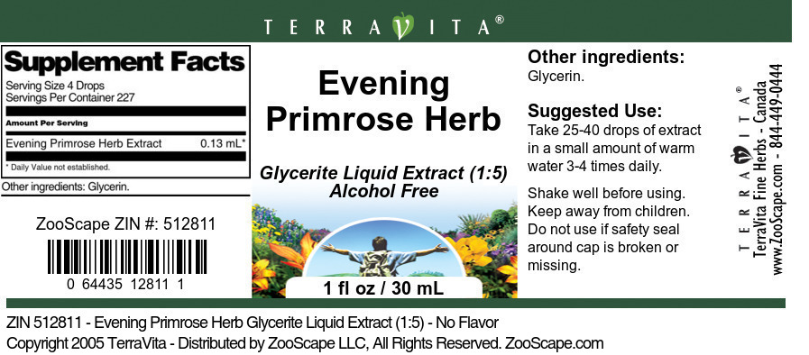 Evening Primrose Herb Glycerite Liquid Extract (1:5) - Label