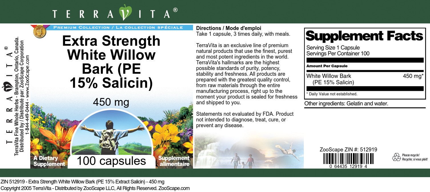 Extra Strength White Willow Bark (PE 15% Salicin) - 450 mg - Label