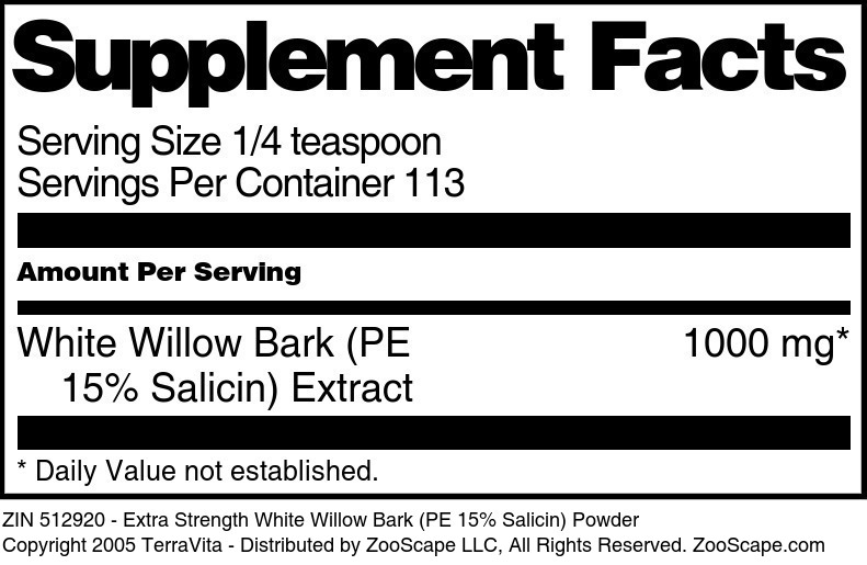 Extra Strength White Willow Bark (PE 15% Salicin) Powder - Supplement / Nutrition Facts