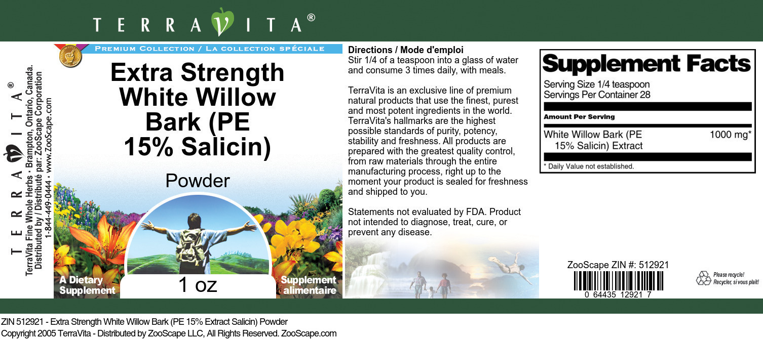 Extra Strength White Willow Bark (PE 15% Salicin) Powder - Label