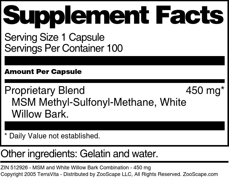MSM and White Willow Bark Combination - 450 mg - Supplement / Nutrition Facts