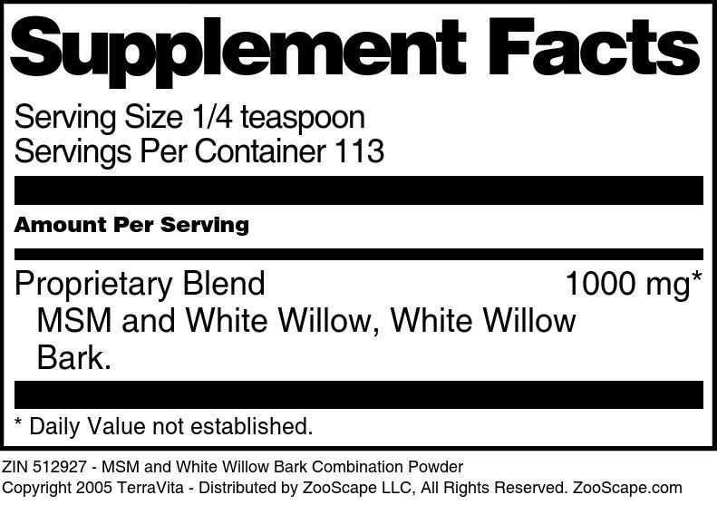 MSM and White Willow Bark Combination Powder - Supplement / Nutrition Facts