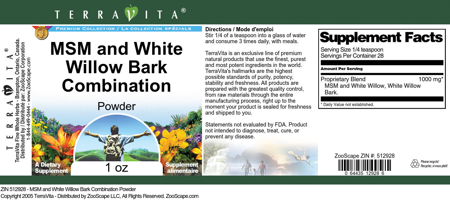 MSM and White Willow Bark Combination Powder - Label