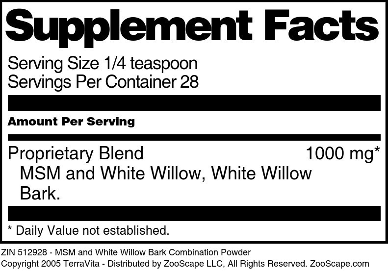 MSM and White Willow Bark Combination Powder - Supplement / Nutrition Facts