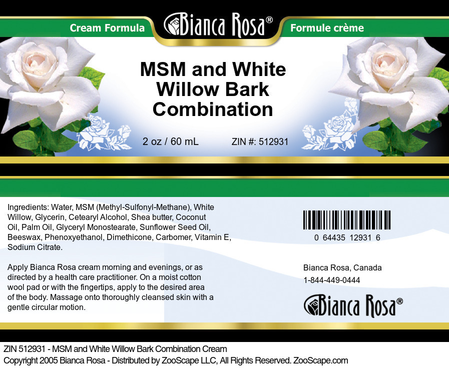 MSM and White Willow Bark Combination Cream - Label
