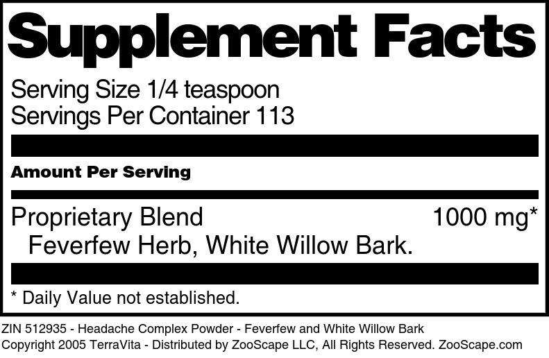 Headache Complex Powder - Feverfew and White Willow Bark - Supplement / Nutrition Facts