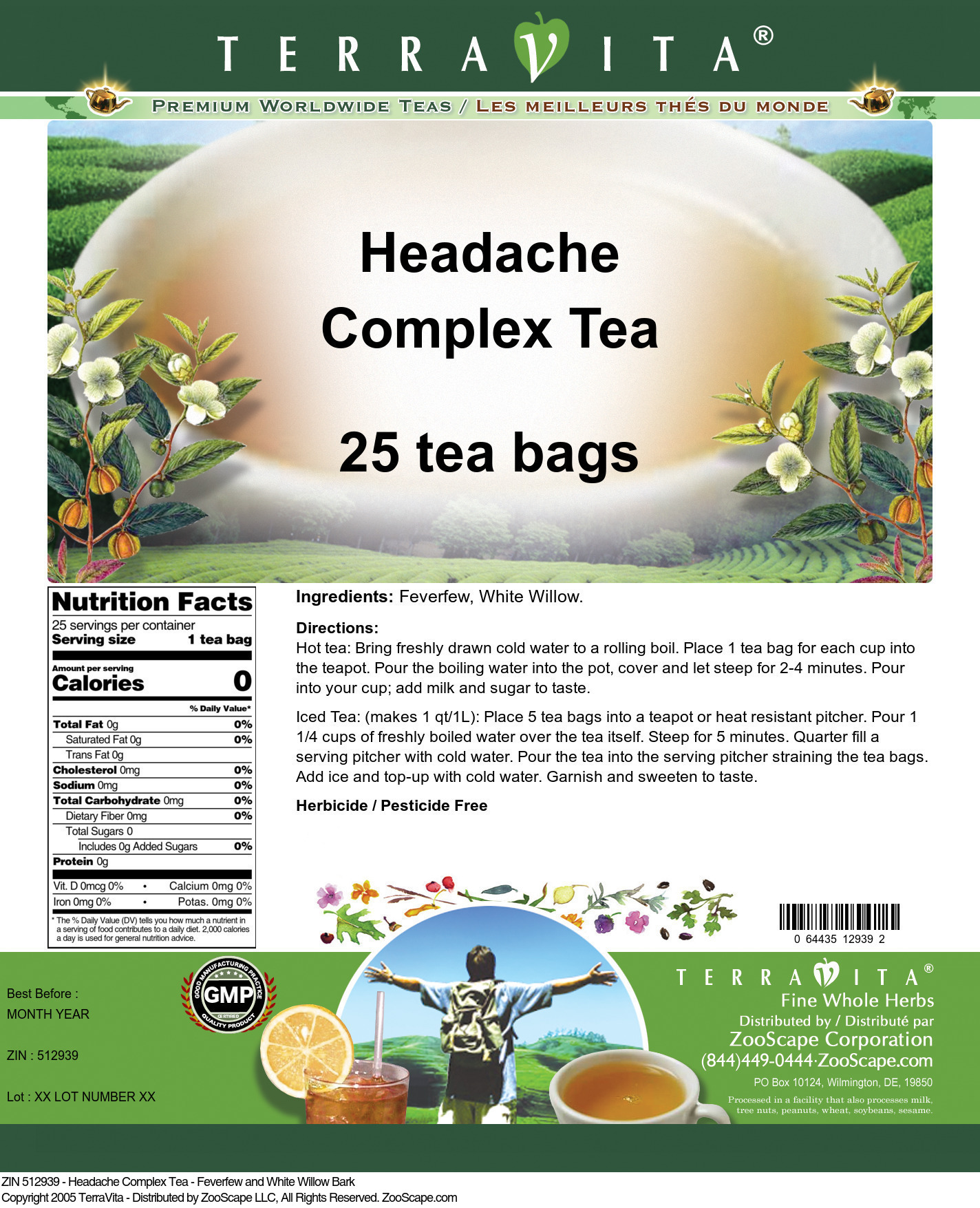 Headache Complex Tea - Feverfew and White Willow Bark - Label