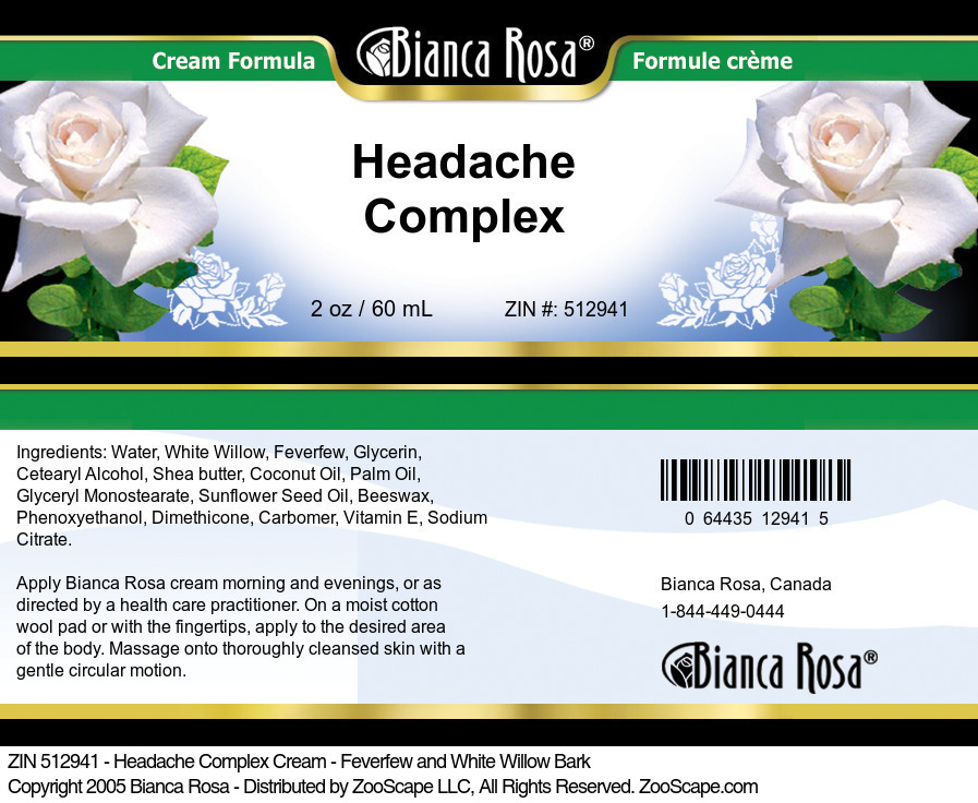 Headache Complex Cream - Feverfew and White Willow Bark - Label