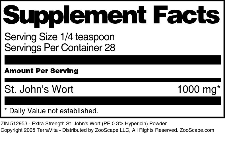 Extra Strength St. John's Wort (PE 0.3% Hypericin) Powder - Supplement / Nutrition Facts