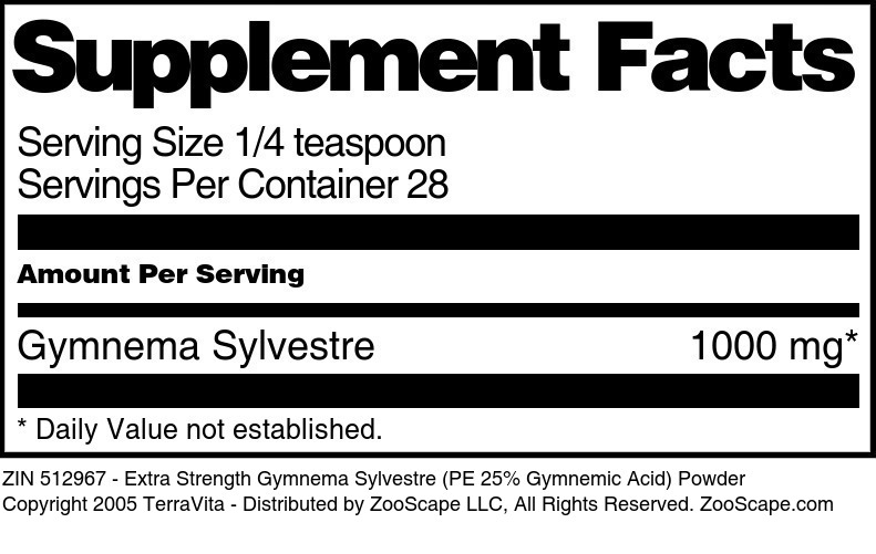 Extra Strength Gymnema Sylvestre (PE 25% Gymnemic Acid) Powder - Supplement / Nutrition Facts