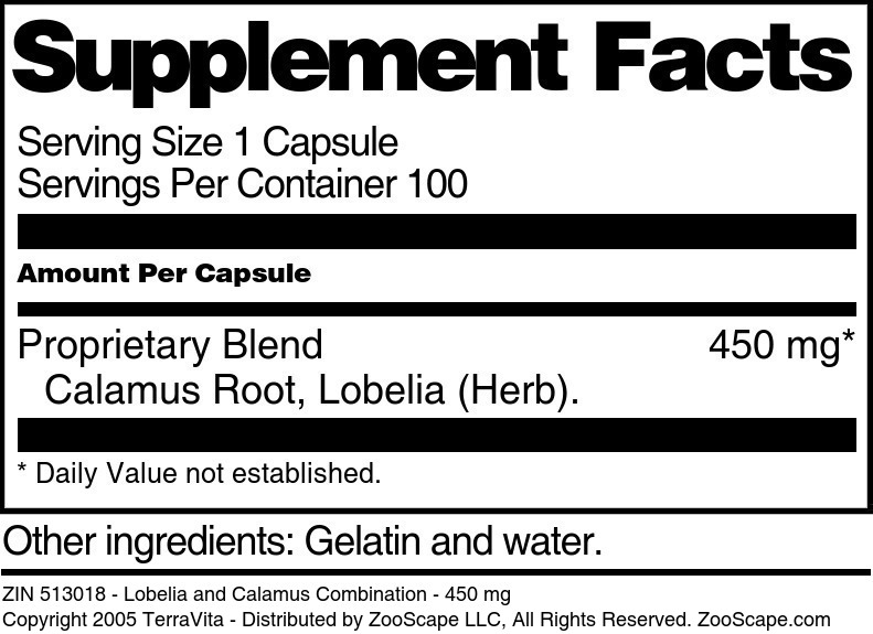Lobelia and Calamus Combination - 450 mg - Supplement / Nutrition Facts