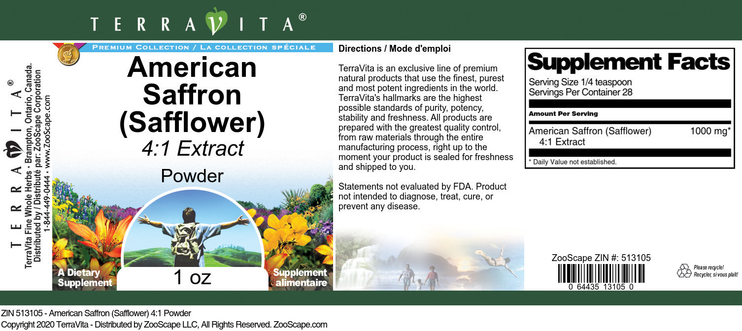 American Saffron (Safflower) 4:1 Powder - Label