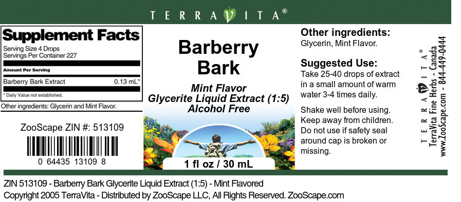 Barberry Bark Glycerite Liquid Extract (1:5) - Label