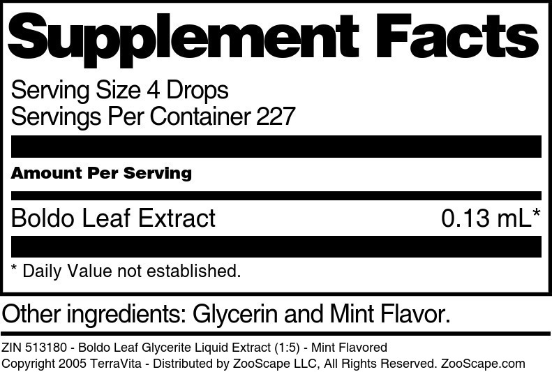 Boldo Leaf Glycerite Liquid Extract (1:5) - Supplement / Nutrition Facts