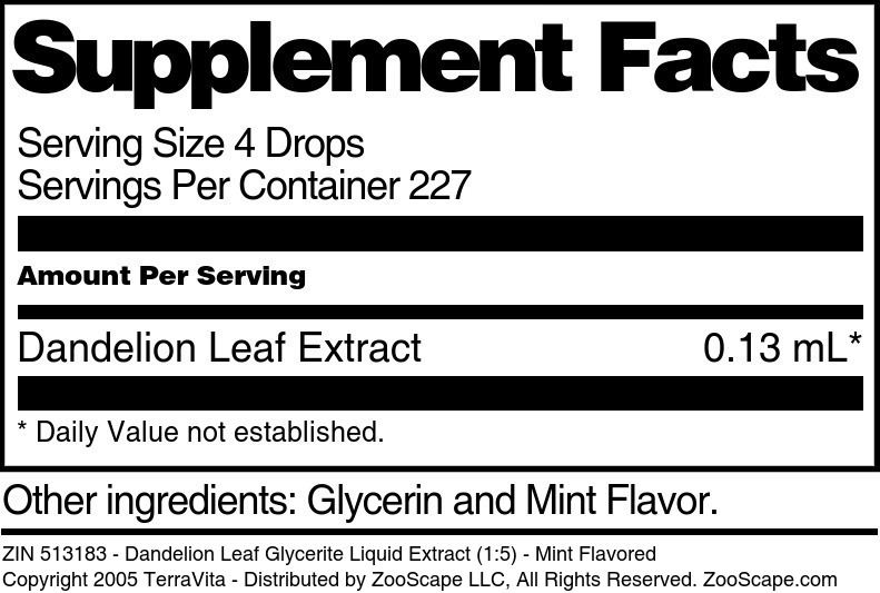 Dandelion Leaf Glycerite Liquid Extract (1:5) - Supplement / Nutrition Facts