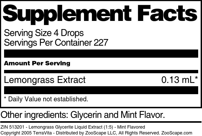 Lemongrass Glycerite Liquid Extract (1:5) - Supplement / Nutrition Facts