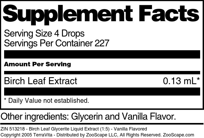 Birch Leaf Glycerite Liquid Extract (1:5) - Supplement / Nutrition Facts