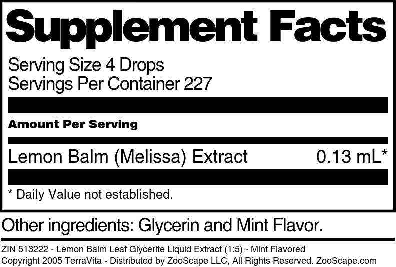 Lemon Balm Leaf Glycerite Liquid Extract (1:5) - Supplement / Nutrition Facts