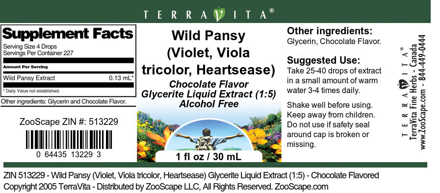 Wild Pansy (Violet, Viola tricolor, Heartsease) Glycerite Liquid Extract (1:5) - Label