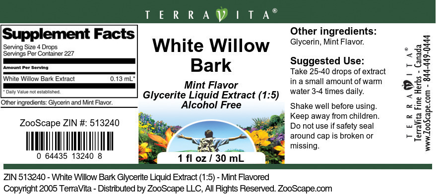 White Willow Bark Glycerite Liquid Extract (1:5) - Label