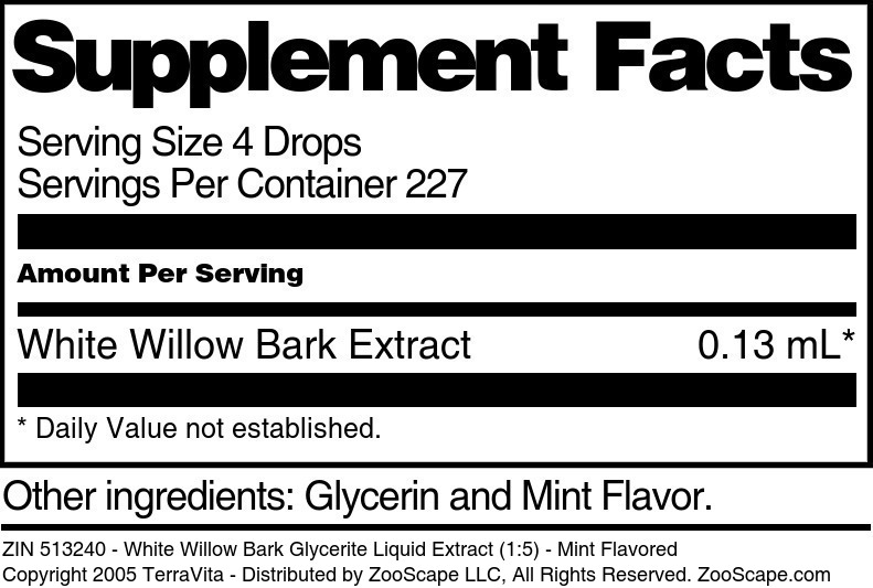 White Willow Bark Glycerite Liquid Extract (1:5) - Supplement / Nutrition Facts
