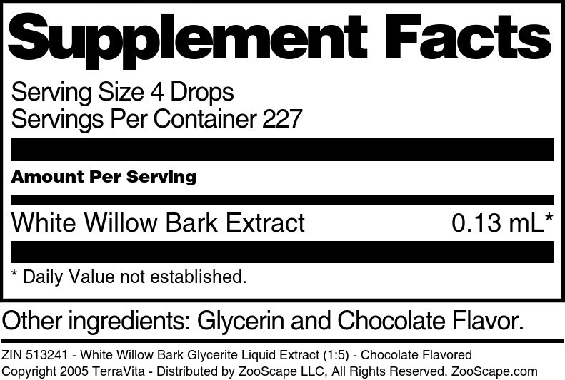 White Willow Bark Glycerite Liquid Extract (1:5) - Supplement / Nutrition Facts