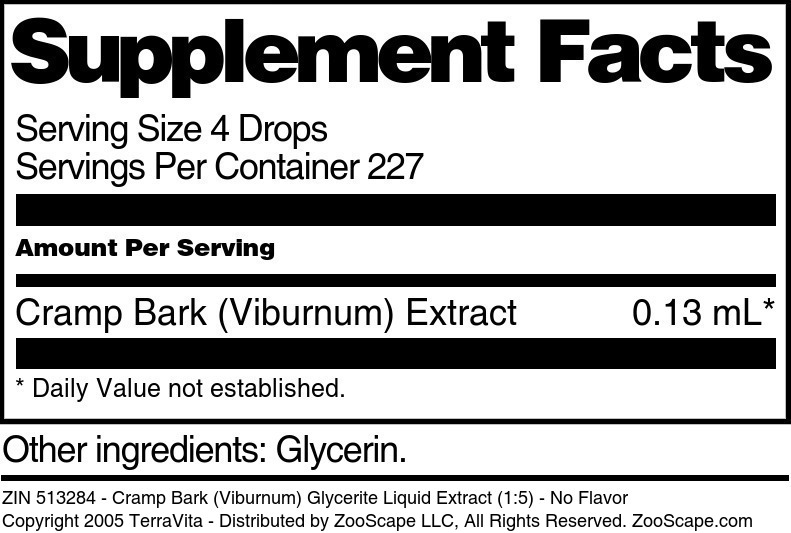 Cramp Bark (Viburnum) Glycerite Liquid Extract (1:5) - Supplement / Nutrition Facts