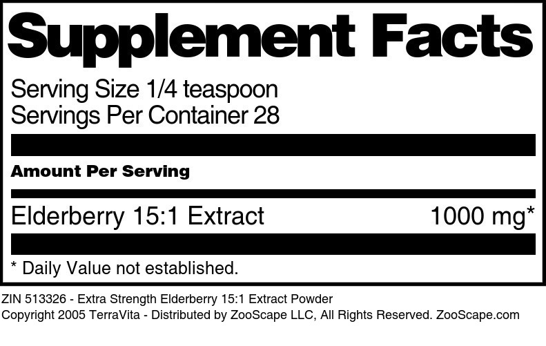 Extra Strength Elderberry 15:1 Extract Powder - Supplement / Nutrition Facts