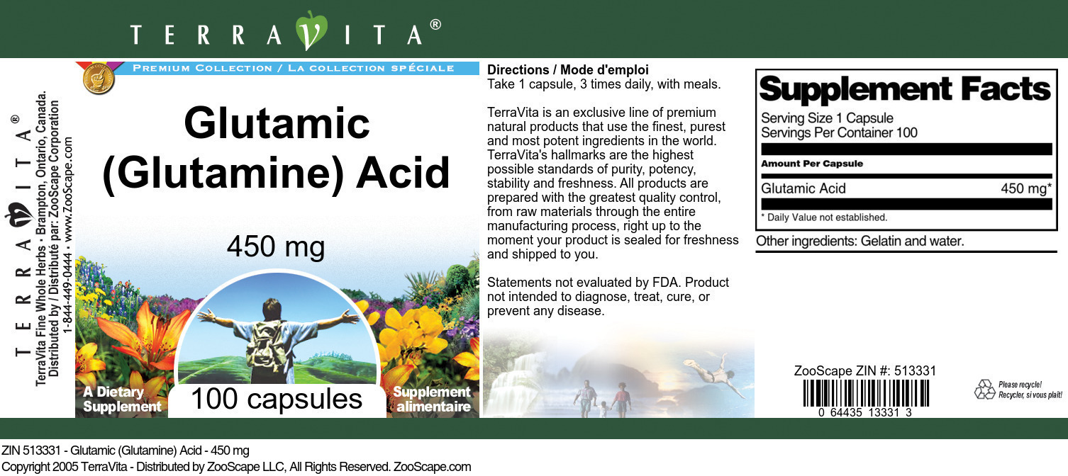 Glutamic (Glutamine) Acid - 450 mg - Label