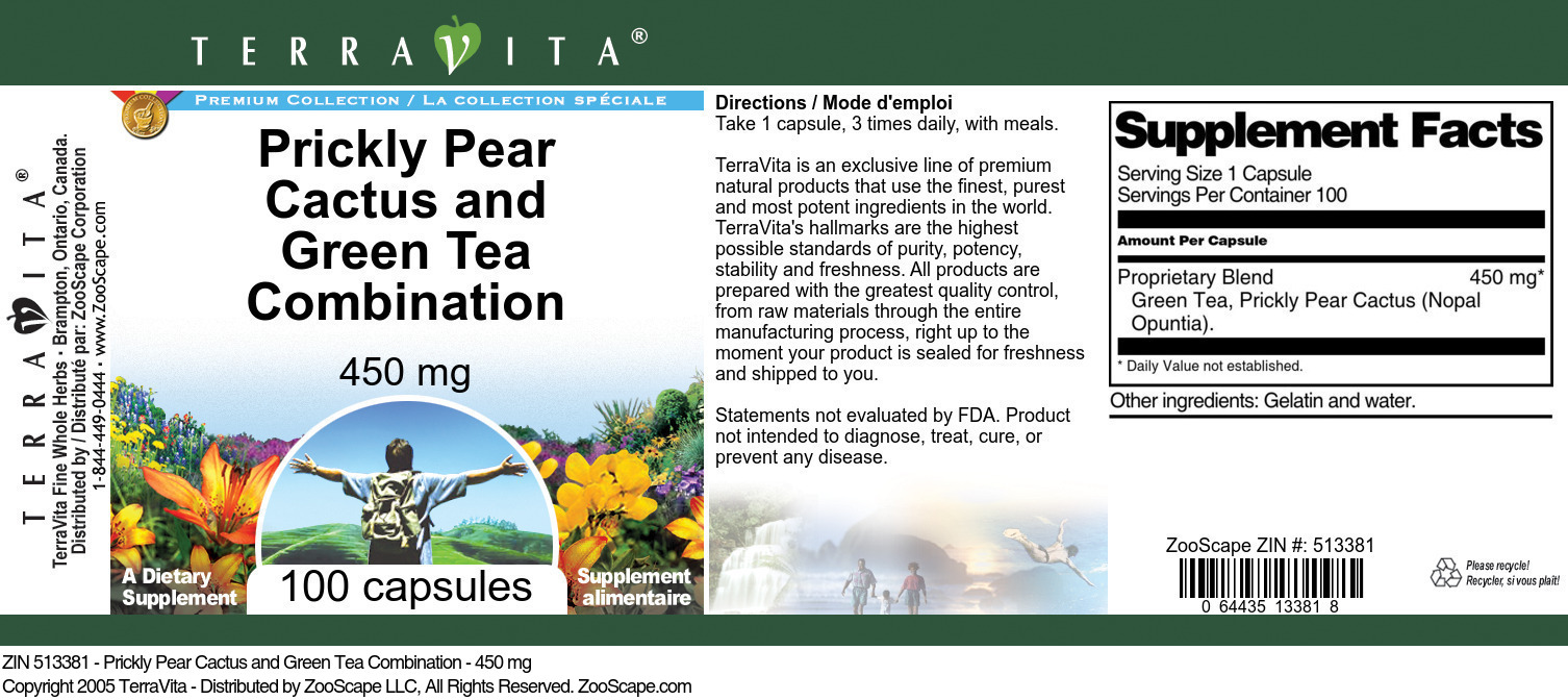 Prickly Pear Cactus and Green Tea Combination - 450 mg - Label