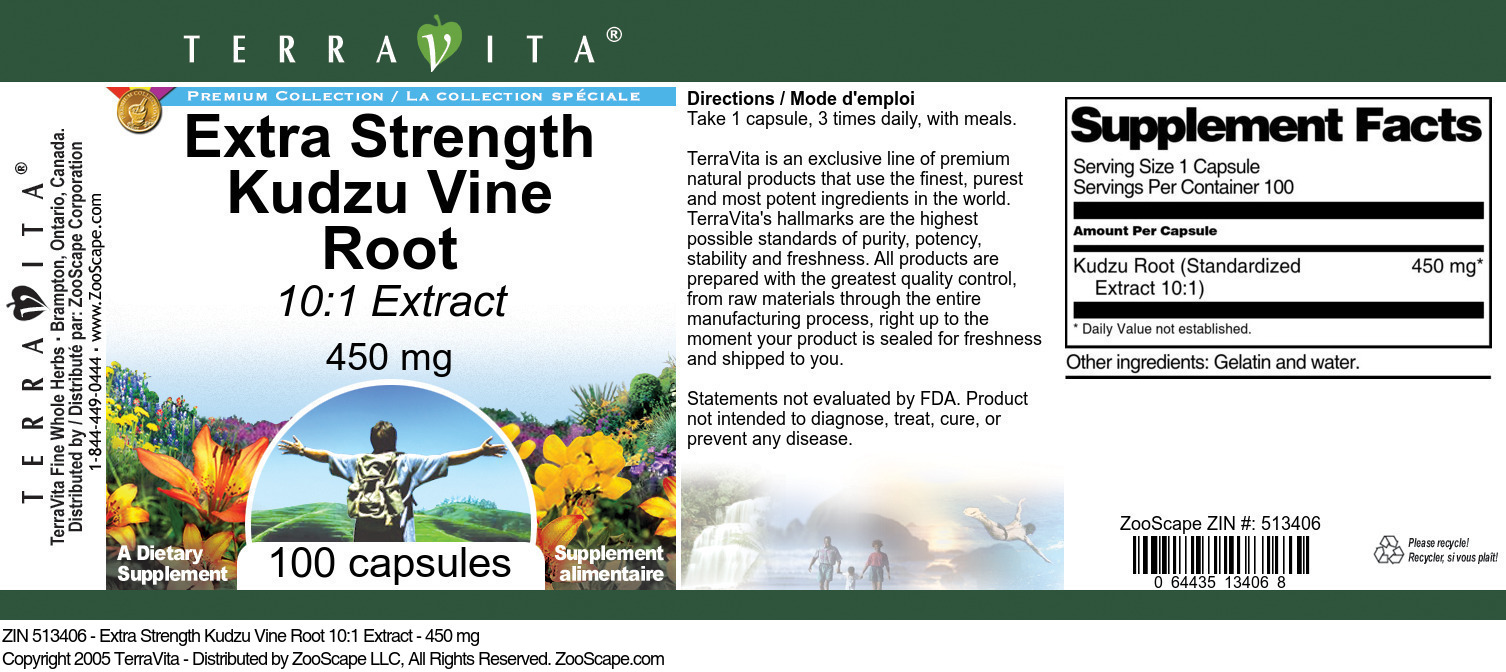 Extra Strength Kudzu Vine Root 10:1 Extract - 450 mg - Label