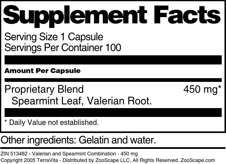 Valerian and Spearmint Combination - 450 mg - Supplement / Nutrition Facts