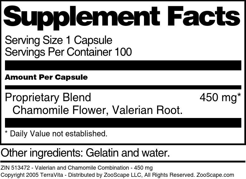 Valerian and Chamomile Combination - 450 mg - Supplement / Nutrition Facts