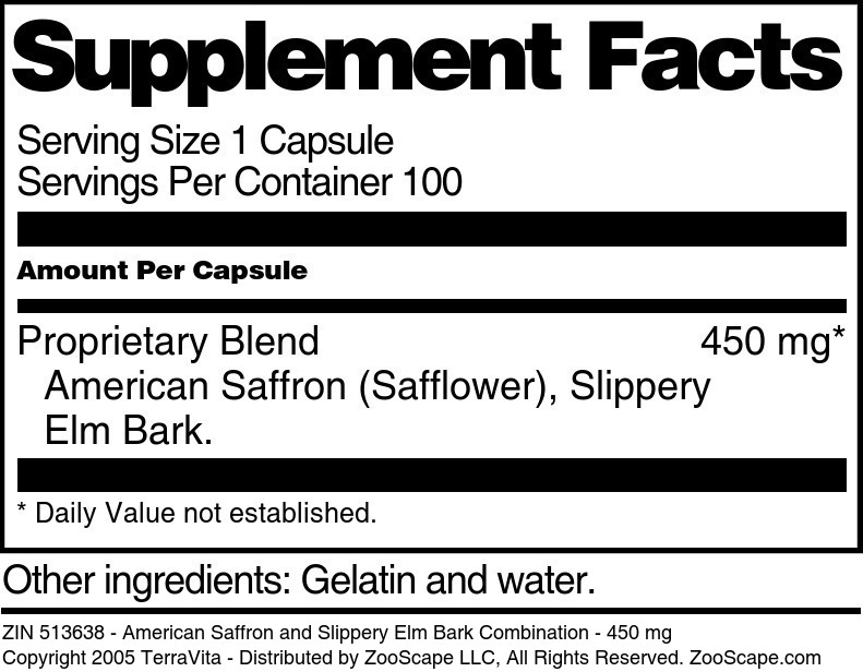American Saffron and Slippery Elm Bark Combination - 450 mg - Supplement / Nutrition Facts