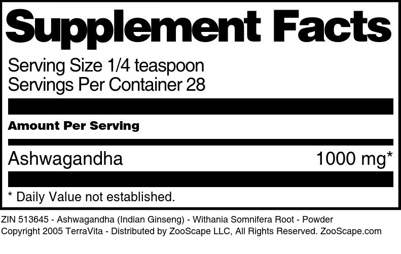 Ashwagandha (Indian Ginseng) - Withania Somnifera Root - Powder - Supplement / Nutrition Facts