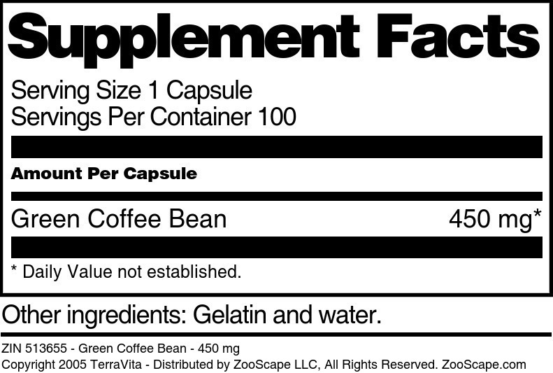 Green Coffee Bean - 450 mg - Supplement / Nutrition Facts