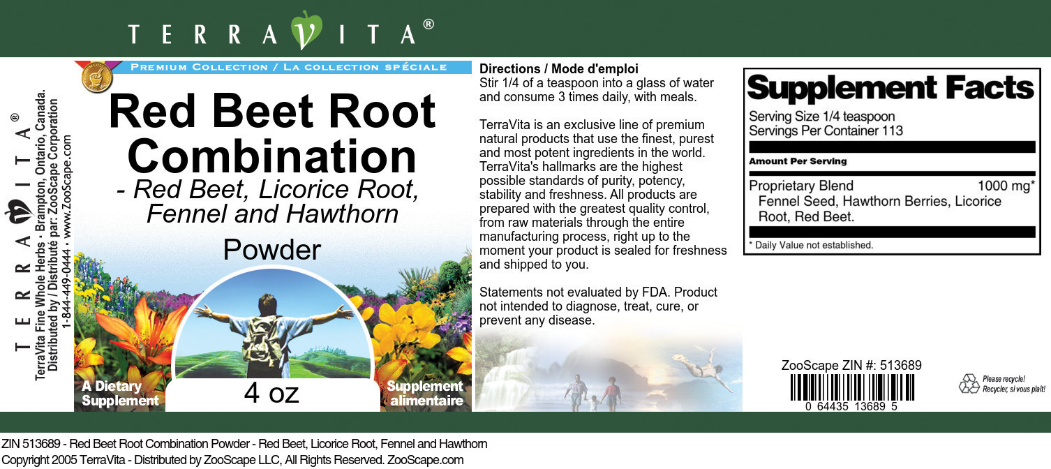 Red Beet Root Combination Powder - Red Beet, Licorice Root, Fennel and Hawthorn - Label