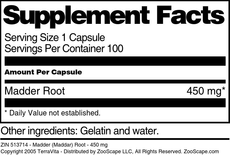 Madder (Maddar) Root - 450 mg - Supplement / Nutrition Facts