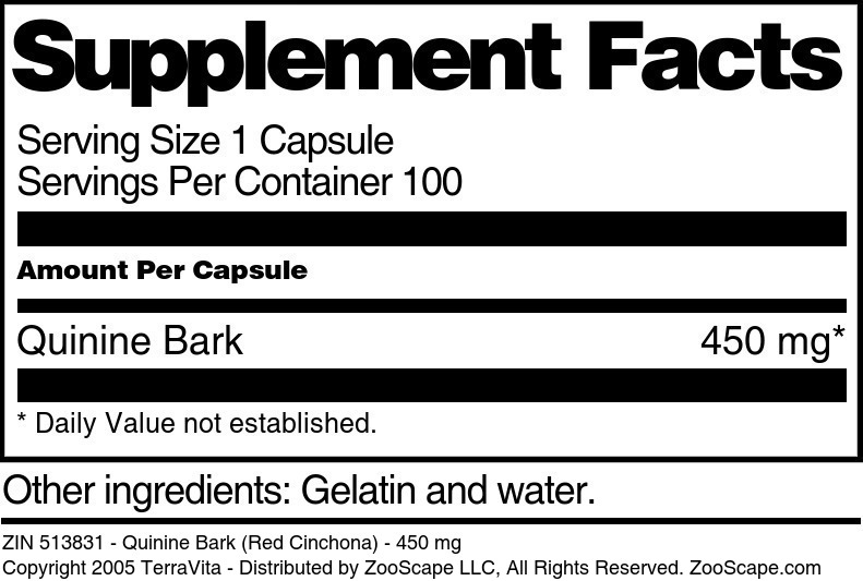 Quinine Bark (Red Cinchona) - 450 mg - Supplement / Nutrition Facts