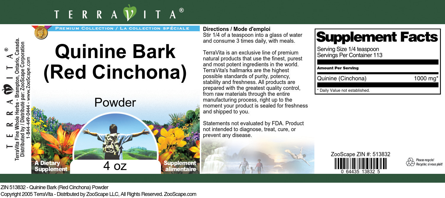 Quinine Bark (Red Cinchona) Powder - Label