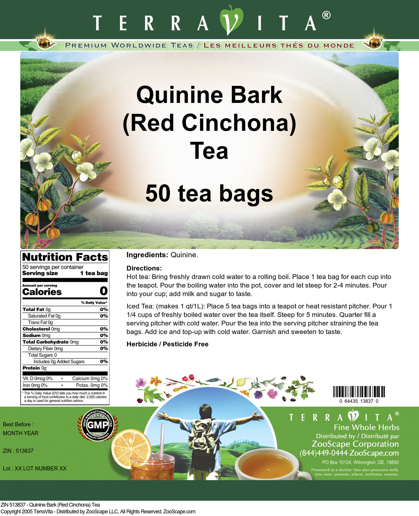 Quinine Bark (Red Cinchona) Tea - Label