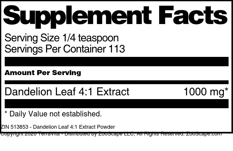 Dandelion Leaf 4:1 Extract Powder - Supplement / Nutrition Facts