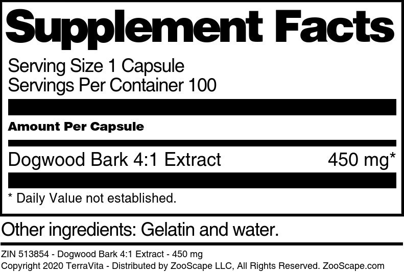Dogwood Bark 4:1 Extract - 450 mg - Supplement / Nutrition Facts