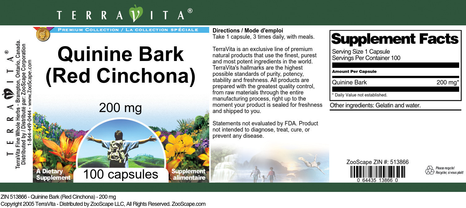 Quinine Bark (Red Cinchona) - 200 mg - Label