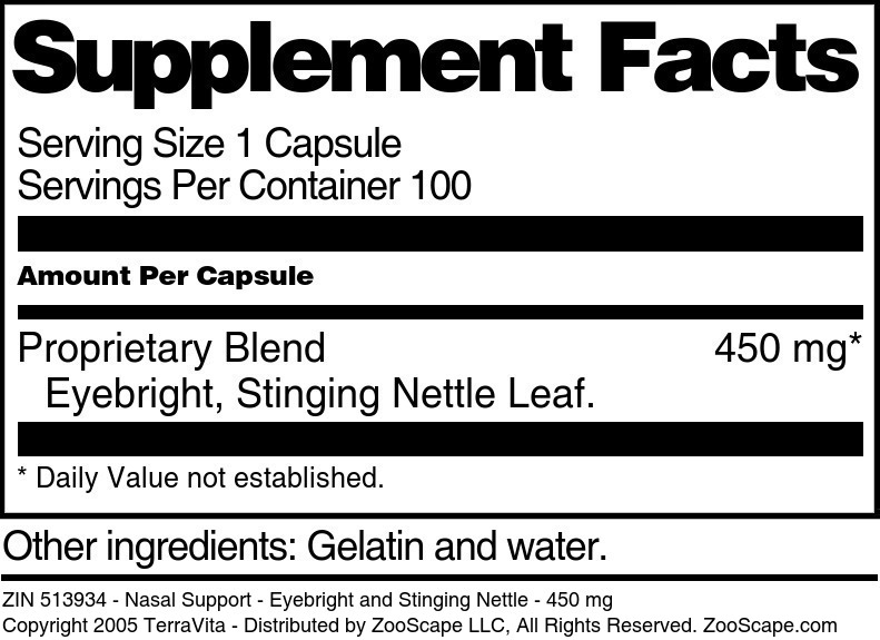 Nasal Support - Eyebright and Stinging Nettle - 450 mg - Supplement / Nutrition Facts